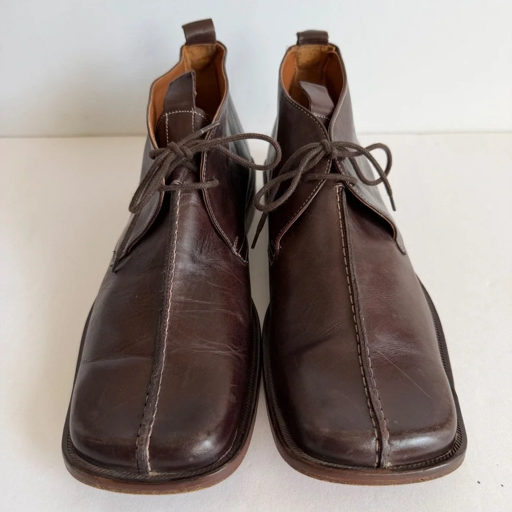 Kenneth Cole Y2K Brown Leather‎ Chukka Boots 12 Italy Square Toe Euro Minimalist